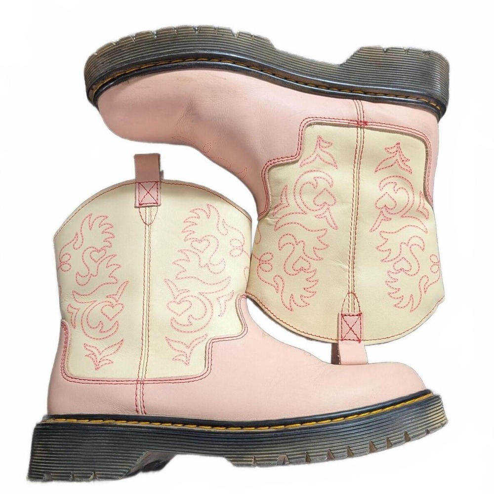 Dr. Martens Pink and Cream Embroidered Western Combat Boots